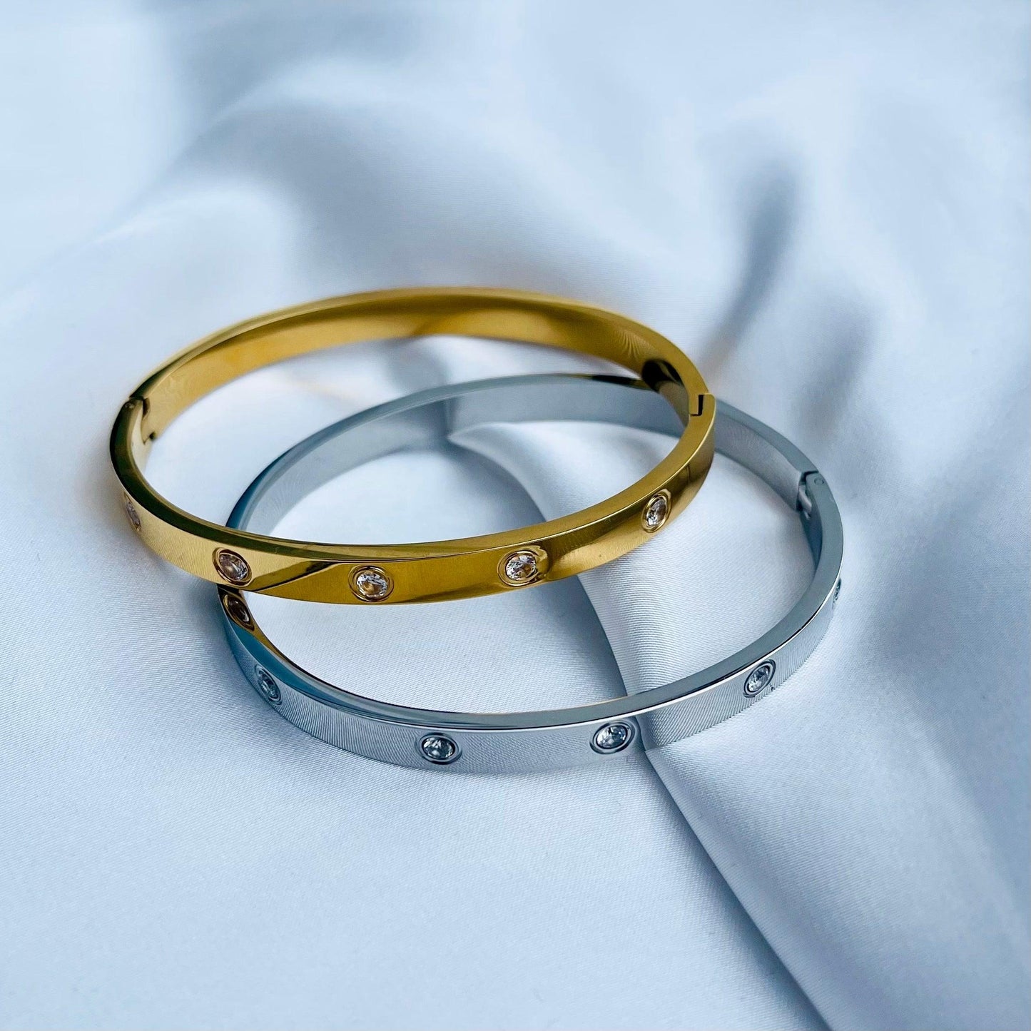 Radiant Elegance: Cubic Zirconia Stones Stainless Steel Bangle - Whisperz