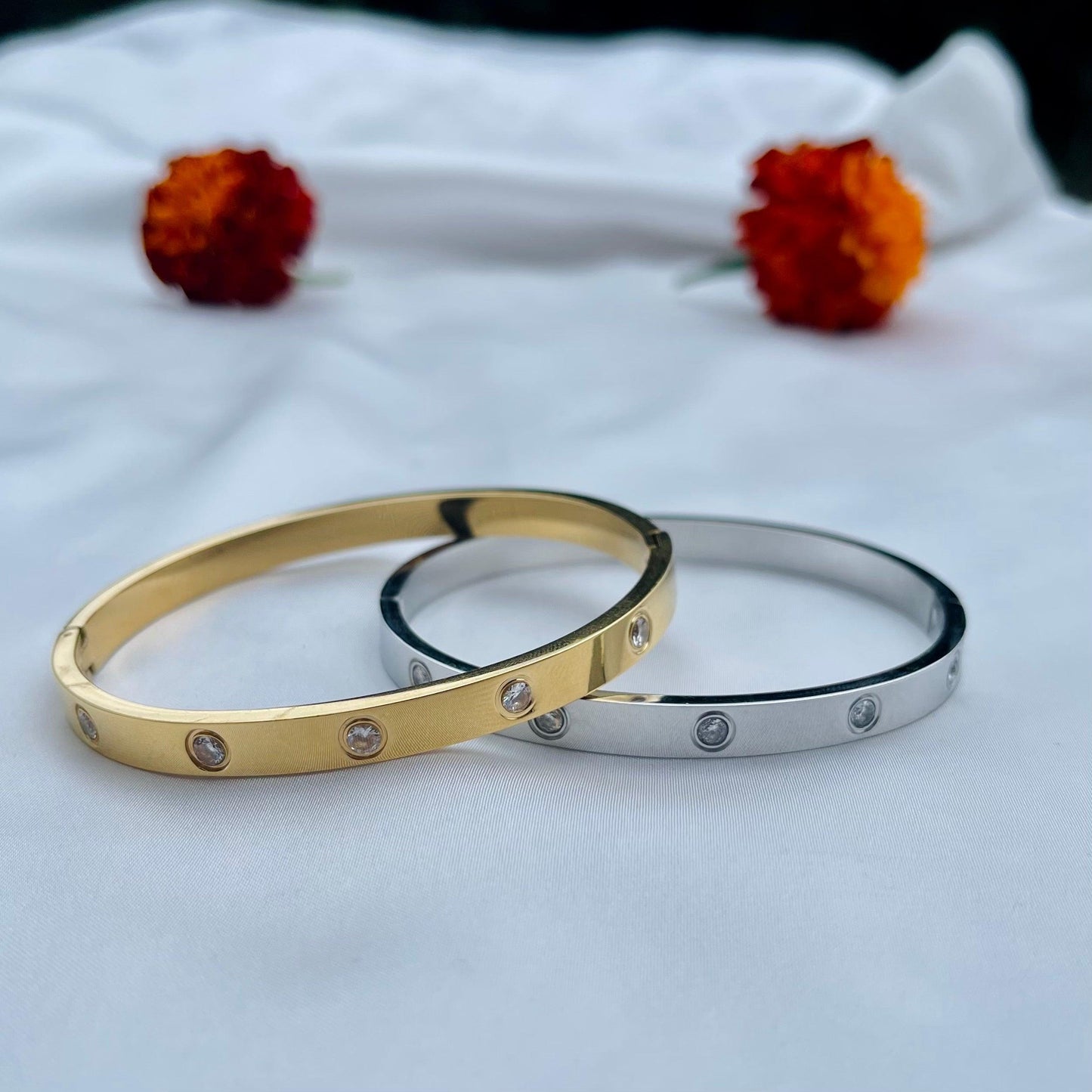 Radiant Elegance: Cubic Zirconia Stones Stainless Steel Bangle - Whisperz